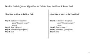 Double Ended Queue Algorithm to Delete from the Rear & Front End
15
Algorithm to delete at the Rear End.
Step 1: if (front == rear) then
print “Queue is empty”
return
Step 2: Rear = Rear -1
Step 3: element = Queue[Rear]
Step 4: Exit
Algorithm to insert at the Front End.
Step 1: if (front == Rear) then
print “Queue is empty”
rerun
Step 2: front = front +1
Step 3: element = Queue[front]
Step 4: Exit
 