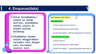 4. Enqueue(data)
 Untuk menambahkan
elemen ke dalam
antrian, penambahan
elemen selalu di
elemen paling
belakang.
 Penambahan elemen
selalu menggerakkan
variable tail dengan
cara increment
counter tail.
Void Enqueue (int data) {
If(IsEmpty()==1{
antrian.head=antrian.tail=0;
antrian.data[antrian.tail]=data;
printf("%d masuk!",antrian.data[antrian.tail]);}
else if(Isfull() ==0) {
antrian.tail++;
antrian.data[antrian.tail]=data;
Printf("%d masuk!", antrian.data[antrian.tail]);
} }
 