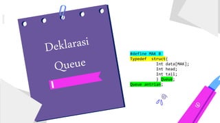 #define MAK 8
Typedef struct{
Int data[MAK];
Int head;
Int tail;
} Queue;
Queue antrian;
 