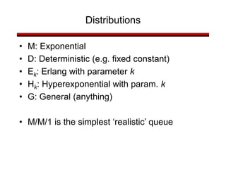 Distributions
• M: Exponential
• D: Deterministic (e.g. fixed constant)
• Ek: Erlang with parameter k
• Hk: Hyperexponential with param. k
• G: General (anything)
• M/M/1 is the simplest ‘realistic’ queue
 