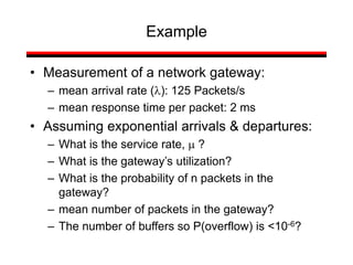 Example
• Measurement of a network gateway:
– mean arrival rate (l): 125 Packets/s
– mean response time per packet: 2 ms
• Assuming exponential arrivals & departures:
– What is the service rate, m ?
– What is the gateway’s utilization?
– What is the probability of n packets in the
gateway?
– mean number of packets in the gateway?
– The number of buffers so P(overflow) is <10-6?
 