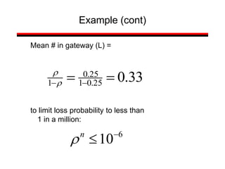 Mean # in gateway (L) =
to limit loss probability to less than
1 in a million:
Example (cont)
33
.
0
25
.
0
1
25
.
0
1 
 


6
10

n

 