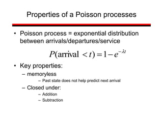 • Poisson process = exponential distribution
between arrivals/departures/service
• Key properties:
– memoryless
– Past state does not help predict next arrival
– Closed under:
– Addition
– Subtraction
Properties of a Poisson processes
t
e
t
P l



 1
)
arrival
(
 