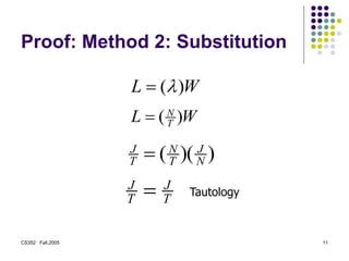 CS352 Fall,2005 11
Proof: Method 2: Substitution
W
L T
N
)
(

W
L )
(l

)
)(
( N
J
T
N
T
J

T
J
T
J
 Tautology
 