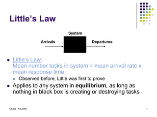 CS352 Fall,2005 7
Little’s Law
 Little’s Law:
Mean number tasks in system = mean arrival rate x
mean response time
 Observed before, Little was first to prove
 Applies to any system in equilibrium, as long as
nothing in black box is creating or destroying tasks
Arrivals Departures
System
 