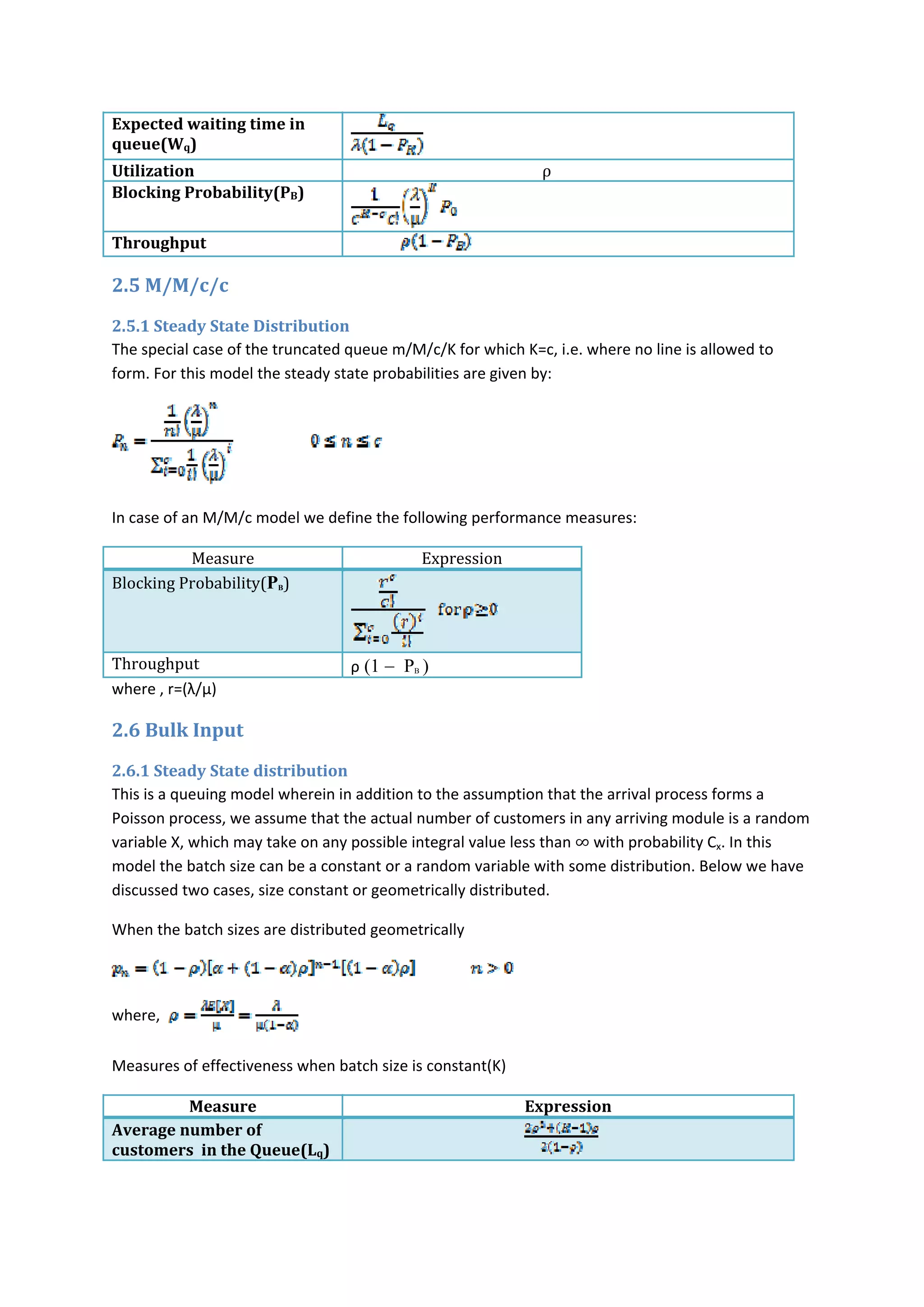 Expected waiting time in 
queue(Wq) 
Utilization                                                     ρ
Blocking Probability(PB) 
Throughput 
2.5 M/M/c/c 
2.5.1 Steady State Distribution 
The special case of the truncated queue m/M/c/K for which K=c, i.e. where no line is allowed to 
form. For this model the steady state probabilities are given by: 
 
In case of a model we define the fol rmance measures: n M/M/c  lowing perfo
Measure  Expression 
Blocking Probability(PB) 
Throughput  ρ (1 − PB ) 
where , r=(λ/µ) 
2.6 Bulk Input 
2.6.1 Steady State distribution 
This is a queuing model wherein in addition to the assumption that the arrival process forms a 
Poisson process, we assume that the actual number of customers in any arriving module is a random 
variable X, which may take on any possible integral value less than ∞ with probability Cx. In this 
model the batch size can be a constant or a random variable with some distribution. Below we have 
discussed two cases, size constant or geometrically distributed. 
When the batch sizes are distributed geometrically 
 
where,    
Measures of effectiveness when batch size is constant(K) 
Measure  Expression 
Average number of 
customers  in the Queue(Lq)    
                                                          
 