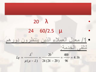20         λ                                   •
         24            60/2.5             μ                      •
                                                                 •

          
              2                       2
                                 20             400
Lq                                                  4 . 16
        (   )          24 ( 24  20 )       96
 