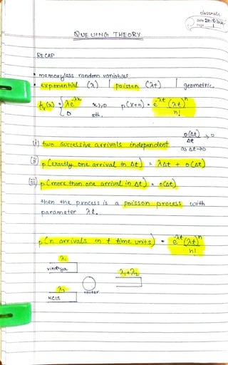 elSSMAt
Date 2-8.»a
Page
UE UIN THEORy
RECAP
memorless andem vaYiahloS
expenental (2) poiess.n (At) geometri
t h
twoSucces.Sive airivals indepenolent
At
pLexaty one arrival i At AAt + oAt
mare than one armival in At soCat)
hen the proCassis a PotsSon process oith
param2ter 2A._
n_arrarrivals in t tima units) e ( t
nl
a
vindhya
KCIS
 