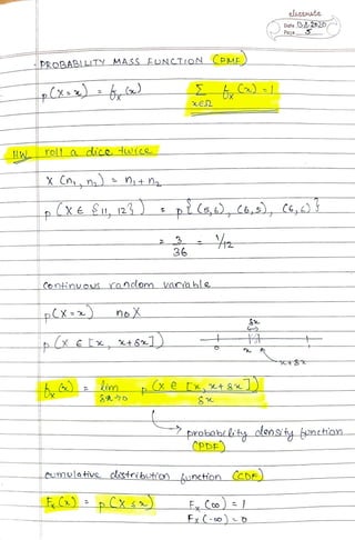 classmate
Data138.2020
Paga
PROBABILITY MASS FONCILON PME
C)=
HWrOll_a_dice. wtcaj
X (Mi,n)>t na-
(XESu, 123 pi(5,) L6,5, C,O
36
ContinUOUS_random vaCiahle
noX
S
l i m
Ux
probabt lity alens'ty fpnethian-
CPDE)
cmulative distribution_Aunction (CDEE
E() Cxs) E Co
FxC-s)-o
 