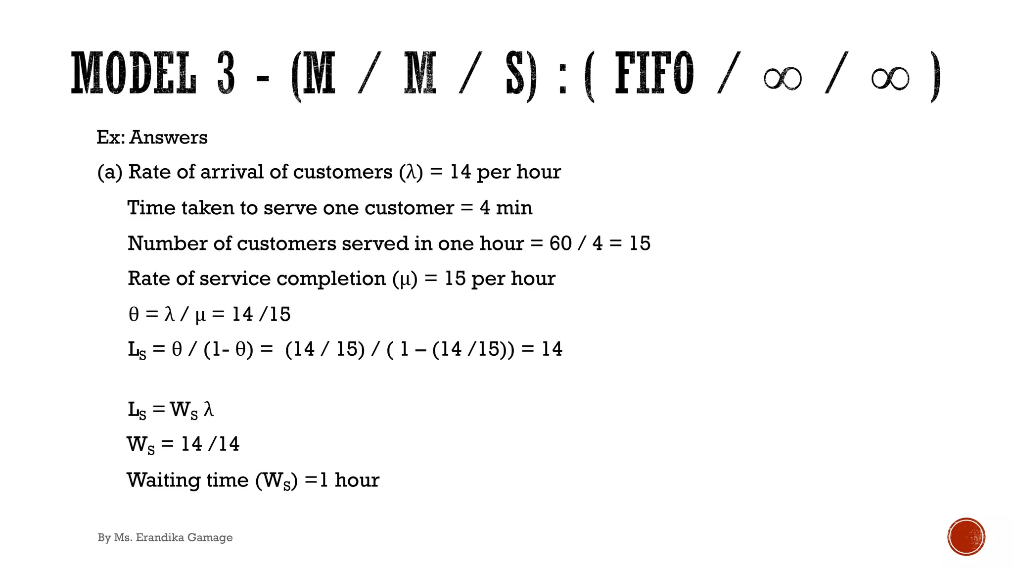 Ex: Answers
(a) Rate of arrival of customers (λ) = 14 per hour
Time taken to serve one customer = 4 min
Number of customers served in one hour = 60 / 4 = 15
Rate of service completion (μ) = 15 per hour
θ = λ / μ = 14 /15
LS = θ / (1- θ) = (14 / 15) / ( 1 – (14 /15)) = 14
LS = WS λ
WS = 14 /14
Waiting time (WS) =1 hour
By Ms. Erandika Gamage
 