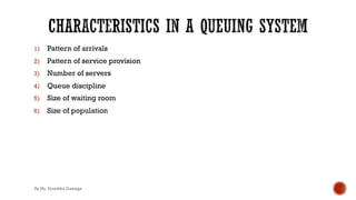 1) Pattern of arrivals
2) Pattern of service provision
3) Number of servers
4) Queue discipline
5) Size of waiting room
6) Size of population
By Ms. Erandika Gamage
 