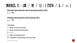 Average time spent by unit in queuing system (Ws )
Ls = λ Ws
Average time spent by unit in queue (Wq )
Lq = λ Wq
Variables :
λ = Rate of arrival of units
μ = Rate of service provision
θ = λ / μ
L = Size of waiting room
H = Number of working hours per day
By Ms. Erandika Gamage
 