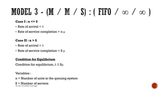 Case I : n <= S
§ Rate of arrival = λ
§ Rate of service completion = n μ
Case II : n > S
§ Rate of arrival = λ
§ Rate of service completion = S μ
Condition for Equlibrium
Condition for equilibrium, λ ≤ Sμ
Variables :
n = Number of units in the queuing system
S = Number of servers
By Ms. Erandika Gamage
 