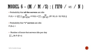 § Probability that all the servers are idle
P (0) = 1/ [∑&)*
+!' N!
(N−n)!n!
θn P(0) + ∑&)+
3 N!
(N−n)!
(SS/ S!) (θ / S)n P(0) ]
§ Probability that “r” servers are idle
P (S-r) =
§ Number of hours that servers idle per day
.∑,)*
+
Hr P (S−r)
By Ms. Erandika Gamage
 