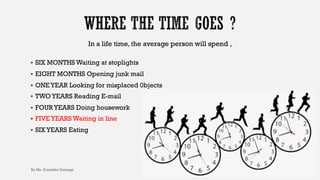 In a life time, the average person will spend ,
§ SIX MONTHS Waiting at stoplights
§ EIGHT MONTHS Opening junk mail
§ ONE YEAR Looking for misplaced 0bjects
§ TWOYEARS Reading E-mail
§ FOUR YEARS Doing housework
§ FIVE YEARS Waiting in line
§ SIX YEARS Eating
By Ms. Erandika Gamage
 