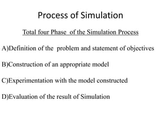 Process of Simulation
Total four Phase of the Simulation Process
A)Definition of the problem and statement of objectives
B)Construction of an appropriate model
C)Experimentation with the model constructed
D)Evaluation of the result of Simulation
 