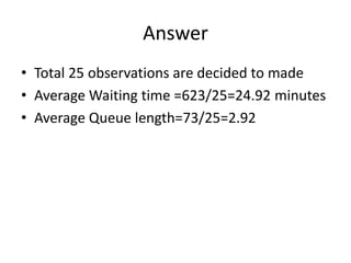 Answer
• Total 25 observations are decided to made
• Average Waiting time =623/25=24.92 minutes
• Average Queue length=73/25=2.92
 
