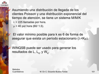 Metodos
Cuantitativos M. En C. Eduardo Bustos Farias 101
 Asumiendo una distribución de llegada de los
clientes Poisson y ...