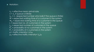 

Notation:
λc = effective mean arrival rate
λ = λc if queue is infinite
λe = λ - [expected number who balk if the queue is finite]
W = expected waiting time of a customer in the system
Wq = expected waiting time of a customer in the queue
L = expected no. of customers in the system
Lq = expected number of customers in the queue
Po = probability of no customers in the system
Pn = probability of n customers in the system
ρ = traffic intensity= λ/nμ
ρc= effective traffic intensity= λe/μ

 