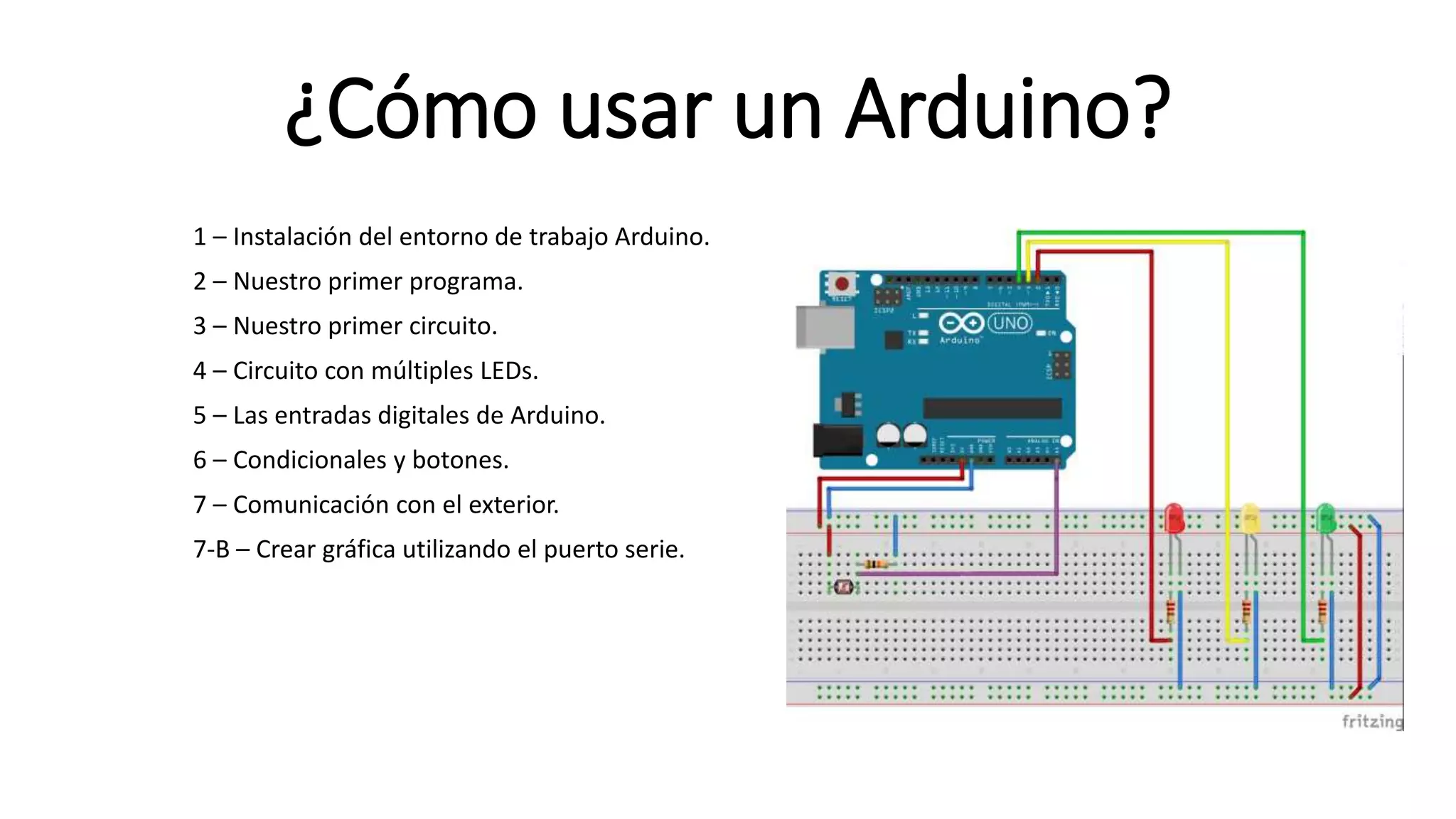 ¿Cómo usar un Arduino?
1 – Instalación del entorno de trabajo Arduino.
2 – Nuestro primer programa.
3 – Nuestro primer circuito.
4 – Circuito con múltiples LEDs.
5 – Las entradas digitales de Arduino.
6 – Condicionales y botones.
7 – Comunicación con el exterior.
7-B – Crear gráfica utilizando el puerto serie.
 