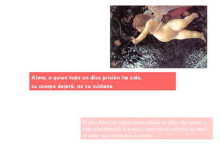 Alma, a quien todo un dios prisión ha sido, su cuerpo dejará, no su cuidado El dios Amor ha tenido encarcelada el alma del poeta y ésta abandonará el cuerpo, pero no el cuidado, es decir, el amor que siente por la dama. 
