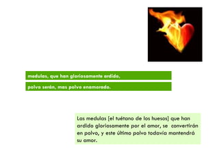 medulas, que han gloriosamente ardido, polvo serán, mas polvo enamorado. Las medulas [el tuétano de los huesos] que han ardido gloriosamente por el amor, se  convertirán en polvo, y este último polvo todavía mantendrá su amor. 