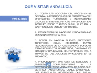 1.  TODAS LAS ACCIONES DEL PROYECTO SE ORIENTAN A DESARROLLAR UNA ESTRATEGIA CON OPERADORES TURÍSTICOS E INSTITUCIONES LOCALES E INTERMEDIAS, QUE AMPLIFIQUEN LAS ACCIONES SOBRE TURISMO RURAL, CULTURAL Y GASTRONÓMICO EN SUS TERRITORIOS. 2.  ESTABLECER UNA IMAGEN DE MARCA PARA LAS COMARCAS PARTICIPANTES.  3. PONER EN MARCHA NUEVOS PROYECTOS TURÍSTICOS: GUÍAS, SENDEROS, RUTAS, RECUPERACIÓN DE LA GASTRONOMÍA POPULAR, ESTABLECIMIENTOS HOSTELEROS, CAMPAÑAS DE DIFUSIÓN Y DIVULGACIÓN DEL PATRIMONIO, ETC., A TRAVÉS DE LAS ACCIONES IMPULSADAS EN EL PROYECTO. 4. PROPORCIONAR UNA GUÍA DE SERVICIOS Y EMPRESAS COMPLEMENTARIAS A LA RESTAURACIÓN PARA VISITANTES  DE MODO QUE  SEPA CON ANTERIORIDAD DÓNDE SATISFACCER LAS EVENTUALES NECESIDADES QUE SURJAN DURANTE SU ESTANCIA.   QUÉ VISITAR ANDALUCÍA Introducción 