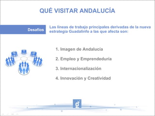 1. Imagen de Andalucía 2. Empleo y Emprendeduría 3. Internacionalización 4. Innovación y Creatividad QUÉ VISITAR ANDALUCÍA Desafíos Las líneas de trabajo principales derivadas de la nueva estrategia Guadalinfo a las que afecta son: 
