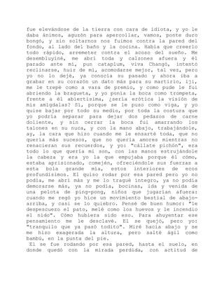 fue elevándose de la tierra con cara de idiota, y yo le
daba ánimos, aguzón para apercollar, vamos, ponte duro
bongó, y sin soltarnos nos fuimos contra la pared del
fondo, al lado del baño y la cocina. Había que creerlo
todo rápido, arremeter contra el acoso del sueño. Me
desembluyiné, me abrí toda y calzones afuera y él
parado ante mí, pun cataplum, viva Changó, intentó
reclinarse, huir de mí, acomodarse mejor, tal vez, pero
yo no lo dejé, ya conocía su pasado y ahora iba a
grabar en su corazón un dato más para su martirio, iji,
me le trepé como a vara de premio, y como pude le fui
abriendo la bragueta, y yo ponía la boca como trompeta,
frente a él abiertísima, ¿sería erótica la visión de
mis amígdalas? Sí, porque se le puso como viga, y yo
quise bajar por todo su medio, por toda la costura que
yo podría separar para dejar dos pedazos de carne
doliente, y sin cerrar la boca fui amarrando los
talones en su nuca, y con la mano abajo, trabajándole,
ay, la cara que hizo cuando me le ensarté toda, que no
quería más sucesos, que no quería amores mientras no
renacieran sus recuerdos, y yo: "cállate pichón", era
todo lo que quería mi son, con las manos estrujándole
la cabeza y era yo la que empujaba porque él cómo,
estaba aprisionado, comején, ofreciéndole sus fuerzas a
esta bola grande mía, estos interiores de ecos
profundísimos. El quiso rodar por esa pared pero yo no
podía, me abrí más y me lo tragué íntegro, ya no podía
demorarse más, ya no podía, bocinas, ida y venida de
una pelota de ping-pong, niños que jugarían afuera:
cuando me regó yo hice un movimiento bestial de abajo-
arriba, y casi se lo quiebro. Pensé de buen humor: "le
despescuezo el pato, melé como los huevos y le incendio
el nido". Cómo hubiera sido eso. Para ahuyentar ese
pensamiento me le desclavé. El se quejó, pero yo:
"tranquilo que ya pasó todito". Miré hacia abajo y se
me hizo exagerada la altura, pero salté ágil como
bambú, en la punta del pie.
El se fue rodando por esa pared, hasta el suelo, en
donde quedó con la mirada perdida, con actitud de
 