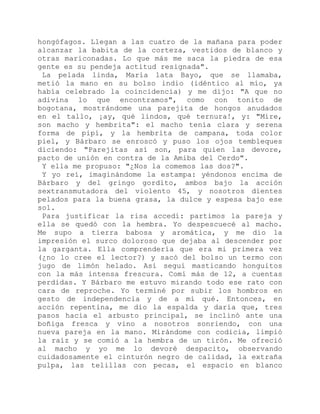 hongófagos. Llegan a las cuatro de la mañana para poder
alcanzar la babita de la corteza, vestidos de blanco y
otras mariconadas. Lo que más me saca la piedra de esa
gente es su pendeja actitud resignada".
La pelada linda, María lata Bayo, que se llamaba,
metió la mano en su bolso indio (idéntico al mío, ya
había celebrado la coincidencia) y me dijo: "A que no
adivina lo que encontramos", como con tonito de
bogotana, mostrándome una parejita de hongos anudados
en el tallo, ¡ay, qué lindos, qué ternura!, y: "Mire,
son macho y hembrita": el macho tenía clara y serena
forma de pipí, y la hembrita de campana, toda color
piel, y Bárbaro se enroscó y puso los ojos tembleques
diciendo: "Parejitas así son, para quien las devore,
pacto de unión en contra de la Amiba del Cerdo".
Y ella me propuso: "¿Nos la comemos las dos?".
Y yo reí, imaginándome la estampa: yéndonos encima de
Bárbaro y del gringo gordito, ambos bajo la acción
sextransmutadora del violento 45, y nosotros dientes
pelados para la buena grasa, la dulce y espesa bajo ese
sol.
Para justificar la risa accedí: partimos la pareja y
ella se quedó con la hembra. Yo despescuecé al macho.
Me supo a tierra babosa y aromática, y me dio la
impresión el surco doloroso que dejaba al descender por
la garganta. Ella comprendería que era mi primera vez
(¿no lo cree el lector?) y sacó del bolso un termo con
jugo de limón helado. Así seguí masticando honguitos
con la más intensa frescura. Comí más de 12, a cuentas
perdidas. Y Bárbaro me estuvo mirando todo ese rato con
cara de reproche. Yo terminé por subir los hombros en
gesto de independencia y de a mí qué. Entonces, en
acción repentina, me dio la espalda y daría que, tres
pasos hacia el arbusto principal, se inclinó ante una
boñiga fresca y vino a nosotros sonriendo, con una
nueva pareja en la mano. Mirándome con codicia, limpió
la raíz y se comió a la hembra de un tirón. Me ofreció
al macho y yo me lo devoré despacito, observando
cuidadosamente el cinturón negro de calidad, la extraña
pulpa, las telillas con pecas, el espacio en blanco
 