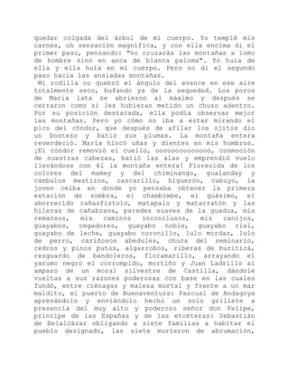 quedar colgada del árbol de mi cuerpo. Yo templé mis
carnes, oh sensación magnífica, y con ella encima di el
primer paso, pensando: "no cruzarás las montañas a lomo
de hombre sino en anca de blanca paloma". Yo huía de
ella y ella huía en mi cuerpo. Pero no di el segundo
paso hacia las ansiadas montañas.
Mi rodilla no quebró el ángulo del avance en ese aire
totalmente seco, bufando ya de la sequedad. Los poros
de María lata se abrieron al máximo y después se
cerraron como si les hubieran metido un chuzo adentro.
Por su posición destacada, ella podía observar mejor
las montañas. Pero yo cómo no iba a estar mirando el
pico del cóndor, que después de afilar los ojitos dio
un bostezo y batió sus plumas. La montaña entera
reverdeció. María hincó uñas y dientes en mis hombros.
¡El cóndor removió el cuello, oooooooooooooo, conmoción
de nuestras cabezas, batió las alas y emprendió vuelo
llevándose con él la montaña entera! Florecida de los
colores del mamey y del chiminango, gualanday y
cámbulos mestizos, cascarillo, higuerón, cabuyo, la
joven ceiba en donde yo pensaba obtener la primera
estación de sombra, el chambimbe, el guásimo, el
aborrecido cañasfístolo, matapalo y matarratón y las
hileras de cañabrava, paredes suaves de la guadua, mis
remansos, mis caminos inconclusos, mis canijos,
guayabos, cegadores, guayabo noble, guayabo rial,
guayabo de leche, guayabo coronillo, lulo mordaz, lulo
de perro, cariñosos abedules, chuca del seminario,
cedros y pinos putos, algarrobos, riberas de buriticá,
resguardo de bandoleros, floramarillo, arrayando el
yarumo negro el corrompido, mortiño y Juan Ladrillo al
amparo de un moral silvestre de Castilla, dándole
vueltas a sus razones poderosas con base en las cuales
fundó, entre ciénagas y maleza mortal y frente a un mar
maldito, el puerto de Buenaventura: Pascual de Andagoya
apresándolo y enviándolo hecho un solo grillete a
presencia del muy alto y poderoso señor don Felipe,
príncipe de las Españas y de las etcéteras: Sebastián
de Belalcázar obligando a siete familias a habitar el
pueblo designado, las siete murieron de abrumación,
 