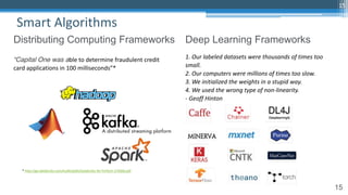 15
Smart Algorithms
15
Distributing Computing Frameworks Deep Learning Frameworks
1. Our labeled datasets were thousands of times too
small.
2. Our computers were millions of times too slow.
3. We initialized the weights in a stupid way.
4. We used the wrong type of non-linearity.
- Geoff Hinton
“Capital One was able to determine fraudulent credit
card applications in 100 milliseconds”*
* http://go.databricks.com/hubfs/pdfs/Databricks-for-FinTech-170306.pdf
 