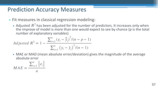 57
• Fit measures in classical regression modeling:
• Adjusted has been adjusted for the number of predictors. It increases only when
the improve of model is more than one would expect to see by chance (p is the total
number of explanatory variables)
• MAE or MAD (mean absolute error/deviation) gives the magnitude of the average
absolute error
𝑅2
𝐴𝑑𝑗𝑢𝑠𝑡𝑒𝑑 𝑅2
= 1 −
∑
𝑛
𝑖=1
(𝑦𝑖 − ^
𝑦𝑖)
2
/(𝑛 − 𝑝 − 1)
∑
𝑛
𝑖=1 (𝑦𝑖 − ¯
𝑦𝑖)
2
/(𝑛 − 1)
𝑀𝐴𝐸 =
∑
𝑛
𝑖=1
𝑒𝑖
𝑛
Prediction Accuracy Measures
 