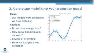 64
Claim:
• Our models work on datasets
we have tested on
Caution:
• Do we have enough data?
• How do we handle bias in
datasets?
• Beware of overfitting
• Historical Analysis is not
Prediction
2. A prototype model is not your production model
 