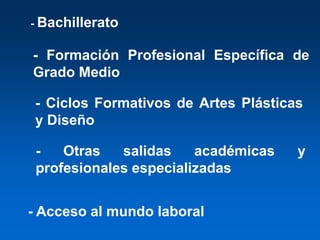 - Bachillerato


- Formación Profesional Específica de
Grado Medio

 - Ciclos Formativos de Artes Plásticas
 y Diseño

 -   Otras   salidas    académicas    y
 profesionales especializadas


- Acceso al mundo laboral
 