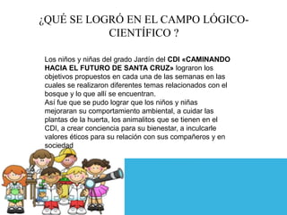 ¿QUÉ SE LOGRÓ EN EL CAMPO LÓGICO-
CIENTÍFICO ?
Los niños y niñas del grado Jardín del CDI «CAMINANDO
HACIA EL FUTURO DE SANTA CRUZ» lograron los
objetivos propuestos en cada una de las semanas en las
cuales se realizaron diferentes temas relacionados con el
bosque y lo que allí se encuentran.
Así fue que se pudo lograr que los niños y niñas
mejoraran su comportamiento ambiental, a cuidar las
plantas de la huerta, los animalitos que se tienen en el
CDI, a crear conciencia para su bienestar, a inculcarle
valores éticos para su relación con sus compañeros y en
sociedad
 