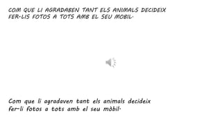 COM QUE LI AGRADABEN TANT ELS ANIMALS DECIDEIX
FER-LIS FOTOS A TOTS AMB EL SEU MOBIL.
Com que li agradaven tant els animals decideix
fer-li fotos a tots amb el seu mòbil.
 