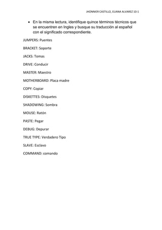 JHONNIER CASTILLO, ELIANA ALVAREZ 10-1


     En la misma lectura, identifique quince términos técnicos que
     se encuentren en Ingles y busque su traducción al español
     con el significado correspondiente.

JUMPERS: Puentes

BRACKET: Soporte

JACKS: Tomas

DRIVE: Conducir

MASTER: Maestro

MOTHERBOARD: Placa madre

COPY: Copiar

DISKETTES: Disquetes

SHADOWING: Sombra

MOUSE: Ratón

PASTE: Pegar

DEBUG: Depurar

TRUE TYPE: Verdadero Tipo

SLAVE: Esclavo

COMMAND: comando
 