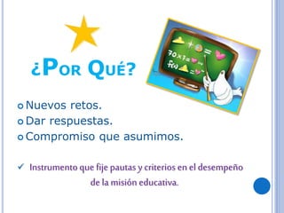 ¿POR QUÉ?
 Nuevos retos.
 Dar respuestas.
 Compromiso que asumimos.
 Instrumentoque fijepautas y criterios en eldesempeño
de la misión educativa.
 