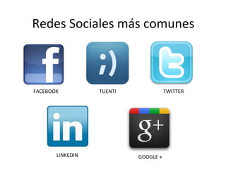 Redes Sociales más comunes
FACEBOOK TUENTI TWITTER
LINKEDIN GOOGLE +