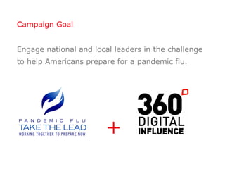 Campaign Goal Engage national and local leaders in the challenge to help Americans prepare for a pandemic flu.   + 