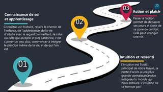 20
01
02
03
Connaître son histoire, refaire le chemin de
l’enfance, de l’adolescence, de la vie
d’adulte avec le regard bienveillant de celui
ou celle qui accepte et (se) pardonne, c’est
s’aimer un peu plus, commencer à intégrer
le principe même de la vie, et de qui l’on
est
L’intuition est l’outil
principal de notre travail, la
porte d’accès à une plus
grande connaissance plus
intégrée du monde qui
nous entoure. L’intuition ne
se trompe pas!
Passer à l’action
permet de dépasser
ses peurs et sortir de
sa zone de confort.
Cela peut changer
une vie.
Action et plaisir
Connaissance de soi
et apprentissage
Intuition et ressenti
 