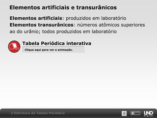 X SAIR
Elementos artificiais e transurânicos
Elementos artificiais: produzidos em laboratório
Elementos transurânicos: números atômicos superiores
ao do urânio; todos produzidos em laboratório
Tabela Periódica interativa
2 Estrutura da Tabela Periódica
Clique aqui para ver a animação.Clique aqui para ver a animação.
 
