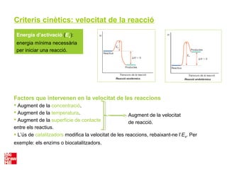 Criteris cinètics: velocitat de la reacció
Energia d’activació (Ea):
energia mínima necessària
per iniciar una reacció.
Factors que intervenen en la velocitat de les reaccions
 Augment de la concentració.
 Augment de la temperatura.
 Augment de la superfície de contacte
entre els reactius.
 L’ús de catalitzadors modifica la velocitat de les reaccions, rebaixant-ne l’Ea. Per
exemple: els enzims o biocatalitzadors.
Augment de la velocitat
de reacció.
 