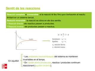 Sentit de les reaccions
Reacció completa o irreversible: si la reacció té lloc fins que s’exhaureix el reactiu
limitant en un sistema tancat.
Reacció reversible: la reacció es dóna en els dos sentits.
 Reacció directa: els reactius passen a productes.
 Reacció inversa: els productes passen a reactius.
En equilibri
 Les propietats macroscòpiques del sistema es mantenen
invariables en el temps.
 En l’àmbit atomicomolecular, reactius i productes continuen
reaccionant (equilibri dinàmic).
 