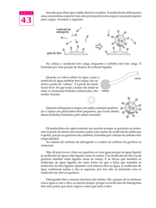 A U L A       Isso não quer dizer que o sabão dissolva a sujeira. A molécula de sabão possui
          uma característica especial: tem uma ponta polar (com carga) e uma ponta apolar

43        (sem carga). Acontece o seguinte:


                        nolécula de            água
                        detergente


                       gota
                      de óleo




              Na cabeça a molécula tem carga, enquanto o rabinho não tem carga. É
          formado por uma porção de átomos de carbono ligados.


               Quando se coloca sabão na água, como a                                 cauda
          molécula da água também tem cargas, ela vai
          atrair a parte da “cabeça”. E a parte da cauda
          ficará livre. Só que essas caudas vão atrair-se
          entre si, formando bolinhas minúsculas, cha- cabeça
          madas micelas.



              Quando esfregamos a roupa com sabão, estamos quebran-
          do a sujeira em pedacinhos bem pequenos, que ficam dentro
          dessas bolinhas formadas pelo sabão (micelas).



              Os pedacinhos de sujeira entram nas micelas porque as gorduras se mistu-
          ram na parte de dentro das micelas, junto com a parte da molécula do sabão que
          é apolar, porque as gorduras são, também, formadas por cadeias de carbono sem
          carga (apolar).
              As cadeias de carbono do detergente e a cadeia de carbono da gordura se
          misturam.

              Não dá para lavar o óleo ou a gordura só com água porque na água líquida
          as moléculas de água estão ligadas umas às outras. E as moléculas de óleo ou de
          gordura também estão ligadas umas às outras. E as forças que mantêm as
          moléculas de água ligadas são mais fortes do que a força que mantém as
          moléculas de óleo ligadas. Quando você mistura óleo na água, as moléculas de
          água continuam juntas e não se separam, por isso não se misturam com as
          moléculas de óleo ou gordura.

             Detergentes têm a mesma estrutura dos sabões. São capazes de se misturar
          com a água e com o óleo, ao mesmo tempo, porque as moléculas de detergentes
          têm uma ponta que atrai a água e outra que atrai o óleo.
 