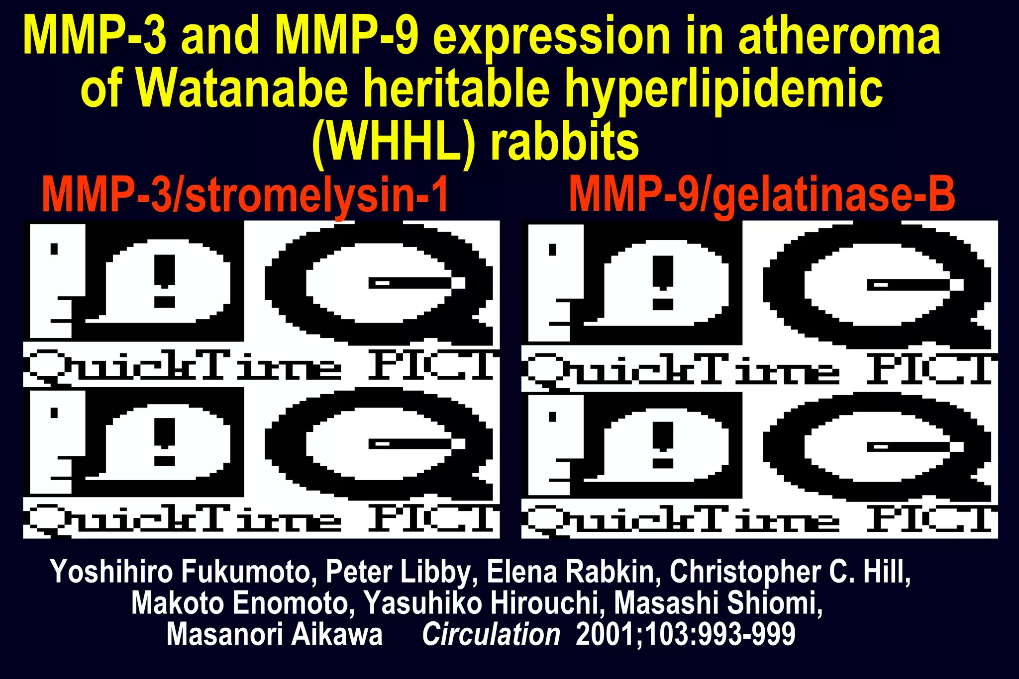 MMP-3/stromelysin-1 MMP-9/gelatinase-B
MMP-3 and MMP-9 expression in atheroma
of Watanabe heritable hyperlipidemic
(WHHL) rabbits
Yoshihiro Fukumoto, Peter Libby, Elena Rabkin, Christopher C. Hill,
Makoto Enomoto, Yasuhiko Hirouchi, Masashi Shiomi,
Masanori Aikawa Circulation 2001;103:993-999
 