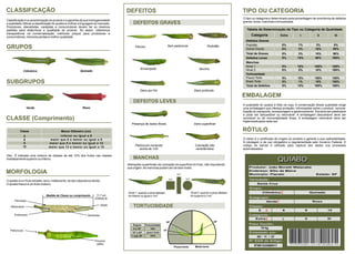 CLASSIFICAÇÃO                                                                       DEFEITOS                                                                                         TIPO OU CATEGORIA
                                                                                                                                                                                     O tipo ou categoria é determinado pela porcentagem de ocorrência de defeitos
Classificação é a caracterização do produto e a garantia da sua homogeneidade                                                                                                        graves, leves, manchas e tortuosidade.
e qualidade.Utilizar a classificação do quiabo é unificar a linguagem do mercado.       DEFEITOS GRAVES
Produtores, atacadistas, varejistas e consumidores devem ter os mesmos
padrões para determinar a qualidade do produto. Só assim, obteremos                                                                                                                     Tabela de Determinação de Tipo ou Categoria de Qualidade
transparência na comercialização, melhores preços para produtores e
consumidores, menores perdas e melhor qualidade.
                                                                                                                                                                                           Categoria             Extra              I                  II                III
                                                                                                                                                                                       Defeitos Graves
                                                                                                                                                                                       Podridão                   0%              1%                 3%                  5%
GRUPOS                                                                                    Fibroso                       Sem pedúnculo                            Podridão
                                                                                                                                                                                       Outros Graves              0%              3%                10%                 50%
                                                                                                                                                                                       Total de Graves            0%              3%                10%                  50%
                                                                                                                                                                                       Defeitos Leves             5%             15%                50%                 100%
                                                                                                                                                                                       Manchas
                                                                                                                                                                                       Nível 1                    5%             10%                100%                100%
                                                                                              Encaroçado                                                   Murcho                      Nível 2                    0%              5%                 10%                100%
               Cilíndrico                                 Quinado
                                                                                                                                                                                       Tortuosidade
                                                                                                                                                                                       Pouco Torto                5%             10%                100%                100%
SUBGRUPOS                                                                                                                                                                              Muito Torto                0%              1%                 10%                100%
                                                                                                                                                                                       Total de Defeitos          5%             15%                100%                100%
                                                                                              Dano por frio                                           Dano profundo
                                                                                                                                                                                     EMBALAGEM
                                                                                        DEFEITOS LEVES
                                                                                                                                                                                     A qualidade do quiabo é feita na roça. A conservação dessa qualidade exige
                  Verde                                     Roxo                                                                                                                     uma embalagem que ofereça proteção, informações sobre o produto, raciona-
                                                                                                                                                                                     lização do transporte, armazenagem e gerenciamento. Ela deve ser paletizável
                                                                                                                                                                                     e pode ser descartável ou retornável. A embalagem descartável deve ser
CLASSE (Comprimento)                                                                                                                                                                 reciclável ou de incinerabilidade limpa. A embalagem retornável deve ser
                                                                                                                                                                                     higienizada após cada uso.
                                                                                       Presença de restos florais                                     Dano superficial

          Classe                        Menor Diâmetro (cm)                                                                                                                          RÓTULO
              5                         inferior ou igual a 6
              6                   maior que 6 e menor ou igual a 9                                                                                                                   O rótulo é o certificado de origem do produto e garante a sua rastreabilidade.
              9                  maior que 9 e menor ou igual a 12                                                                                                                   A rotulagem é de uso obrigatório e regulamentada pelo Governo Federal. O
             12                                                                           Pedúnculo comprido                                           Coloração não                 código de barras é utilizado para captura dos dados nos processos
                                 maior que 12 e menor ou igual a 15
                                                                                            acima de 1cm                                               característica                automatizados.

Obs.: É tolerada uma mistura de classes de até 10% dos frutos nas classes
imediatamente superior ou inferior.                                                     MANCHAS                                                                                                                QUIABO
                                                                                    Alterações superficiais da coloração da superfície do fruto, não importando
                                                                                    sua origem. As manchas podem ser de dois níveis:                                                     Produtor: João Moretti Watanabe

MORFOLOGIA                                                                                                                         1cm2
                                                                                                                                                                                         Endereço: Sítio da Malva
                                                                                                                                                                                         Município: Piacatú                                          Estado: SP
                                                                                                                                                2
                                                                                                                        1cm   2
                                                                                                                                          1cm                                            Variedade:
O quiabo é um fruto simples, seco, indeiscente, do tipo cápsula loculicida.
O quiabo fresco é um fruto imaturo.                                                                                                                                                            Santa Cruz
                                                                                                                                                                                         Grupo:
                                                                                    Nível 1: quando a área afetada                                  Nível 2: quando a área afetada                  Cilíndrico X                              Quinado
                               Medida de Classe ou comprimento         11,7 cm      for inferior ou igual a 1cm2                                    for superior a 1cm2
                                                                      (Classe 9)                                                                                                         Subgrupo:
      Pericarpo                                                                                                                                                                                       VerdeX                                     Roxo

   Mesocarpo
                                                                           Septo
                                                                                        TORTUOSIDADE                                                                                     Classe:
                                                                                                                                                                                                5     X           6                      9                        12
      Endocarpo                                                 Sementes                                                                                                                 Categoria:
                                                                                                                                                                                            Extra X               I                      II                       III
                                                                                                                     30º                                              30º
                                                                                        Ângulo     Tortuosidade                                                                          Peso líquido:
                                                                                        0 a 10º         reto                                                                                      10 kg
   Pedúnculo                                                                                                      10º
                                                                                       10º a 30º    pouco torto                                                                          Embalado em:
                                                                                       > que 30º       torto
                                                                                                                                                                                               09 / 11 / 01
                                                                      Tricoma                                                                                                            N° EAN de Artigo:
                                                                       (pêlo)                                                                                                                                            ( 01) 97891234560011( 13) 011109( 3100) 000016( 10) 25
                                                                                                                                  Pouco torto          Muito torto                           97891234560011
 