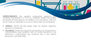HIDROCARBUROS. Son aquellos compuestos orgánicos que
contienen únicamente C e H en su molécula. Existen dos grupos
principales de hidrocarburos, los alifáticos y los aromáticos, cada uno
de los cuales se subdividen a su vez en varias clases de compuestos
 Alifáticos: Dentro de este grupo están los alcanos, alquenos,
alquinos y cicloalcanos ·
 Aromáticos: Existen dos clases de compuestos, los monocíclicos o
mononucleares, que contienen sólo un núcleo bencénico y los
policíclicos o polinucleares que contienen dos o más núcleos
bencénicos. (UnADM 2016)
 