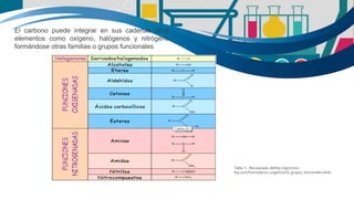 El carbono puede integrar en sus cadenas otros
elementos como oxígeno, halógenos y nitrógeno
formándose otras familias o grupos funcionales
Tabla 3.- Recuperada dehttp://ejercicios-
fyq.com/Formulacion_organica/32_grupos_funcionales.html:
 